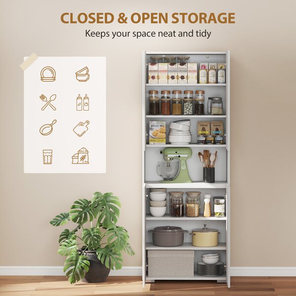 HOMCOM 180 cm Tall Kitchen Cupboard, Pantry Storage Cabinet with Soft Close Doors and Adjustable Shelves, High Gloss White