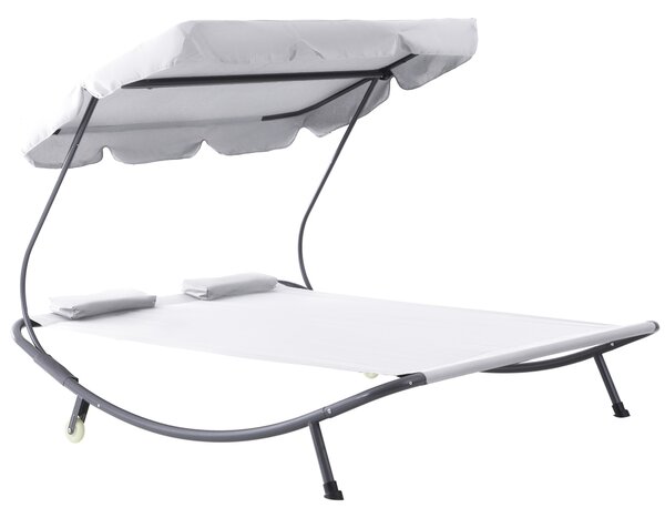Outsunny Patio Double Hammock Sun Lounger Bed w/ Canopy Shelter, Wheels & 2 Pillows, White