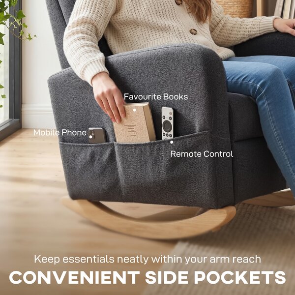 HOMCOM Upholstered Rocking Chair Retractable Footrest Rocker Chair High Back for Living Room Grey