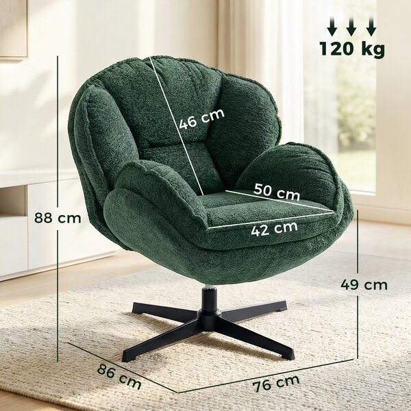 HOMCOM Modern Wingback Accent Chair, Velvet Armchair with Four-Star Base, S-Springs, 360° Swivel, Dark Green
