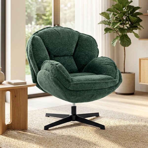HOMCOM Modern Wingback Accent Chair, Velvet Armchair with Four-Star Base, S-Springs, 360° Swivel, Dark Green