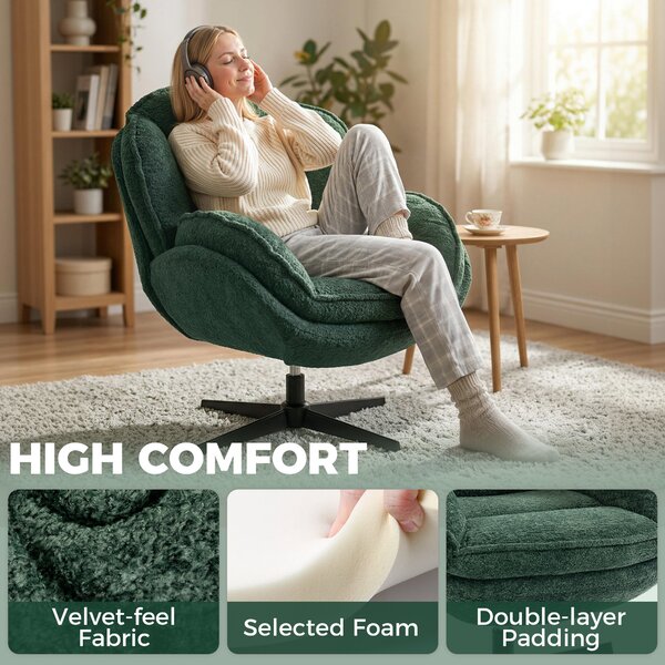 HOMCOM Modern Wingback Accent Chair, Velvet Armchair with Four-Star Base, S-Springs, 360° Swivel, Dark Green