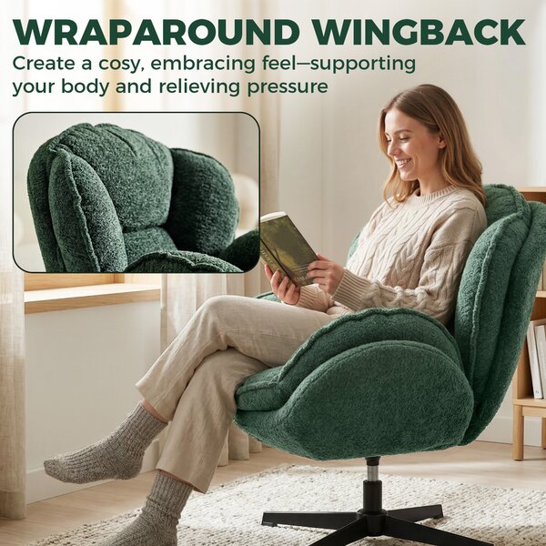 HOMCOM Modern Wingback Accent Chair, Velvet Armchair with Four-Star Base, S-Springs, 360° Swivel, Dark Green