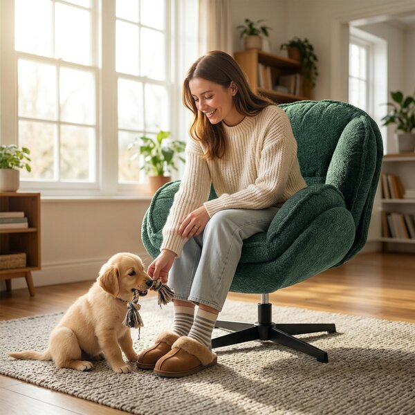 HOMCOM Modern Wingback Accent Chair, Velvet Armchair with Four-Star Base, S-Springs, 360° Swivel, Dark Green