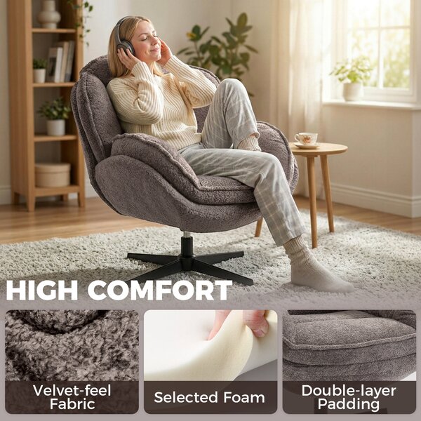 HOMCOM Modern Wingback Accent Chair, Velvet Armchair with Four-Star Base, S-Springs, 360° Swivel, Grey