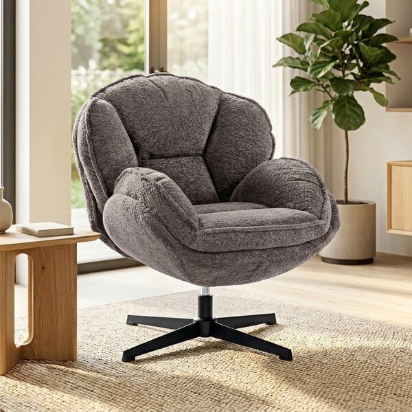 HOMCOM Modern Wingback Accent Chair, Velvet Armchair with Four-Star Base, S-Springs, 360° Swivel, Grey