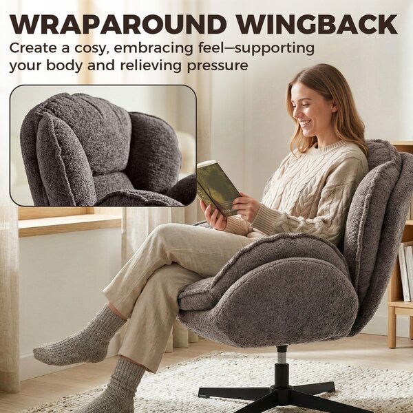 HOMCOM Modern Wingback Accent Chair, Velvet Armchair with Four-Star Base, S-Springs, 360° Swivel, Grey