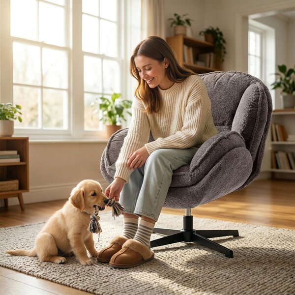 HOMCOM Modern Wingback Accent Chair, Velvet Armchair with Four-Star Base, S-Springs, 360° Swivel, Grey