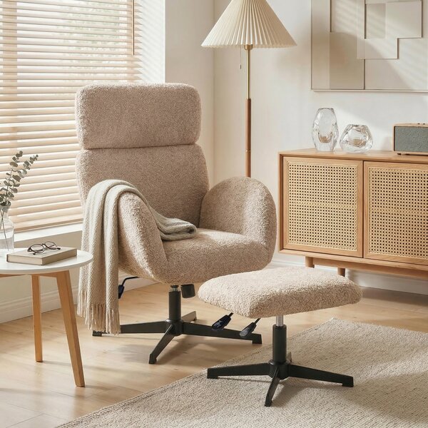 HOMCOM Swivel Armchair and Footstool Set, Height Adjustable Accent Chair with Adjustable Headrest, Rocking Function, Light Brown