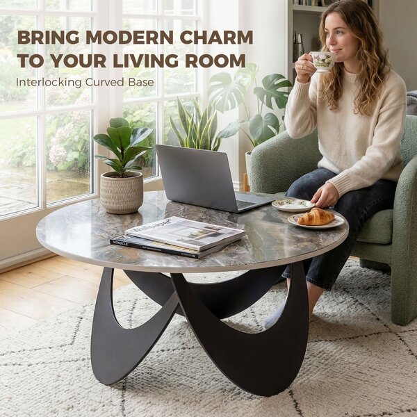 HOMCOM Coffee Table Sintered Stone Top Adjustable Foot Pads Modern centre Table for Living Room Brown and Black