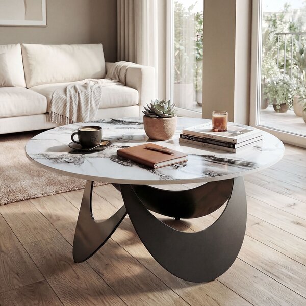 HOMCOM Coffee Table Sintered Stone Top Adjustable Foot Pads Modern Center Table for Living Room White and Black