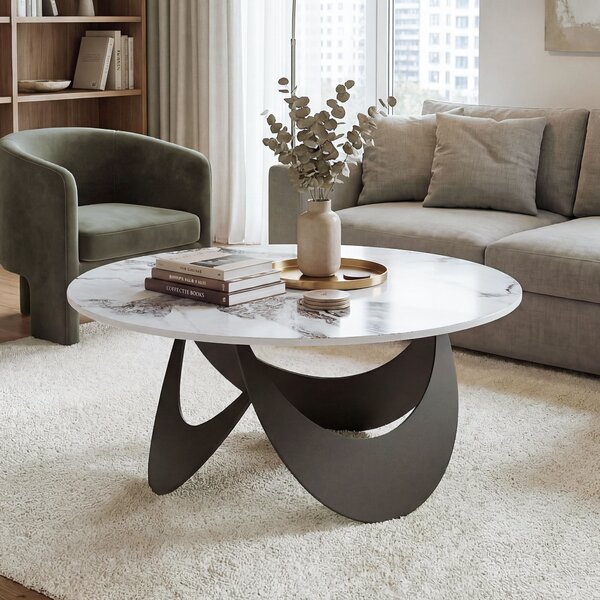 HOMCOM Coffee Table Sintered Stone Top Adjustable Foot Pads Modern Center Table for Living Room White and Black