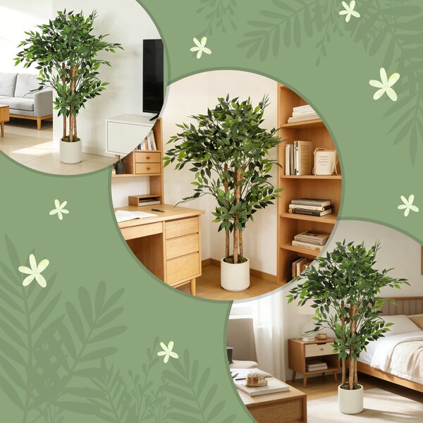 HOMCOM 120cm Artificial Ficus Tree, Fake Potted Tree with Solid Wood Trunk and Pot for Indoor, Green