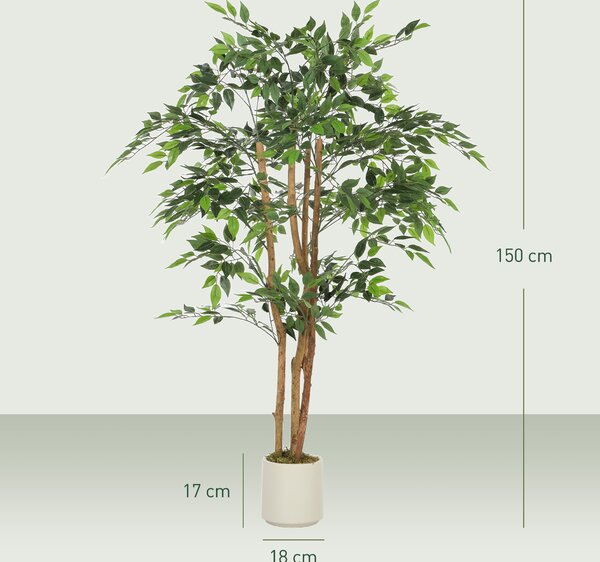 HOMCOM 150cm Artificial Ficus Tree, Fake Potted Tree with Solid Wood Trunk and Pot for Indoor, Green