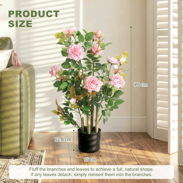 HOMCOM 90cm Artificial Rose Tree Set of 2, Decorative Fake Plant with 344 Silk Leaves 17 Flowers for Outdoor Indoor Decor, Pink