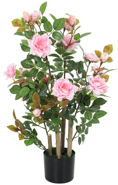 HOMCOM 90cm Artificial Rose Tree, Decorative Fake Plant with 344 Silk Leaves 17 Flowers for Outdoor Indoor Decor, Pink