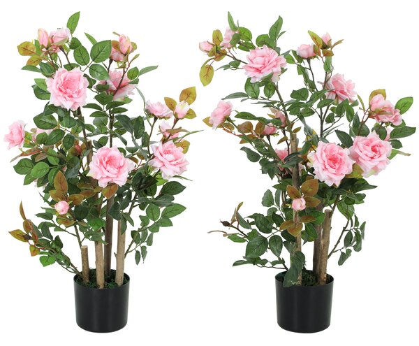 HOMCOM 90cm Artificial Rose Tree Set of 2, Decorative Fake Plant with 344 Silk Leaves 17 Flowers for Outdoor Indoor Decor, Pink
