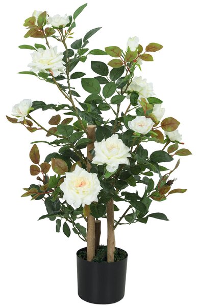 HOMCOM 90cm Artificial Rose Tree, Decorative Fake Plant with 344 Silk Leaves 17 Flowers for Outdoor Indoor Decor, White