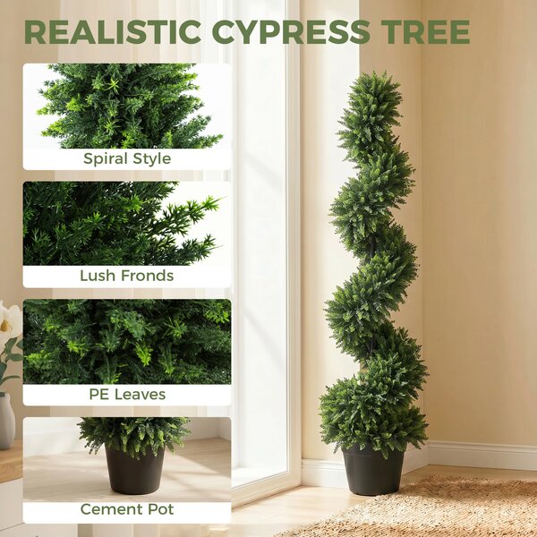 HOMCOM Set of 2 Artificial Spiral Cypress Trees, Fake Plants with 700 Leaves, UV Protection, Deep Green