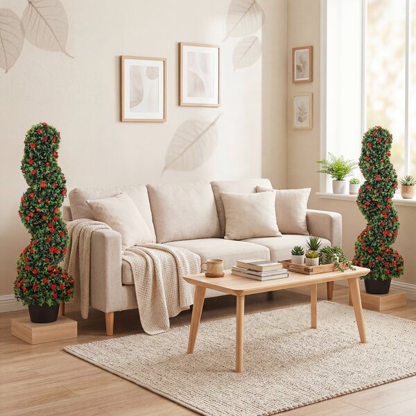 HOMCOM Artificial Rose Spiral Topiary Tree Set of 2, Indoor Outdoor Fake Plants with 630 Leaves, 90cm