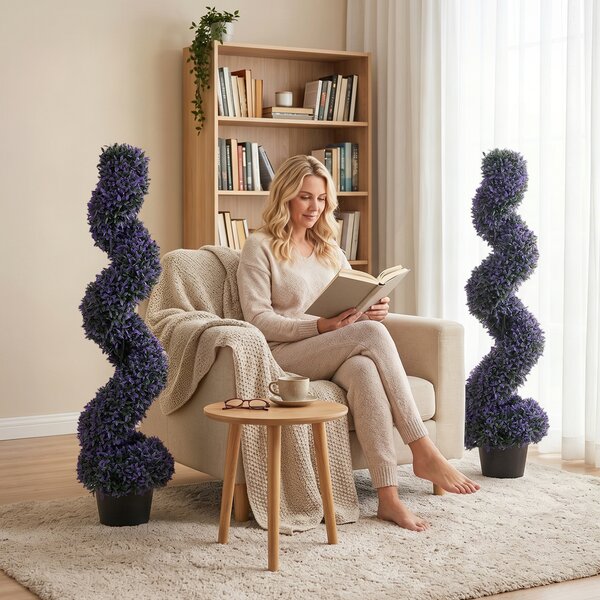 HOMCOM Set of 2 Decorative Artificial Plants, 120cm Artificial Boxwood Spiral Topiary Tree with 840 Leaves, UV Resistant