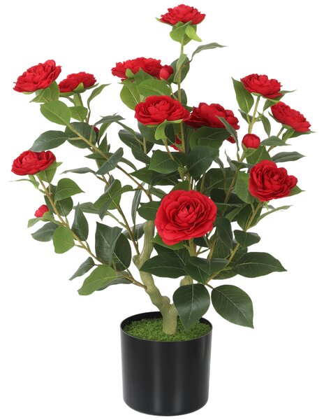 HOMCOM 65cm Artificial Camellia Flower Plant in Pot with 116 Lush Leaves & Moss Effect, Red