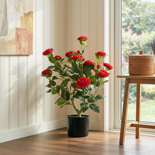 HOMCOM 65cm Artificial Camellia Flower Plant in Pot with 116 Lush Leaves & Moss Effect, Red