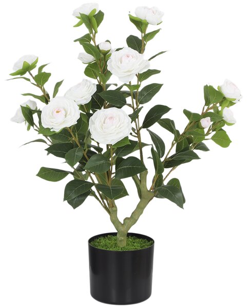 HOMCOM 65cm Artificial Camellia Flower Plant in Pot with 116 Lush Leaves & Moss Effect, White