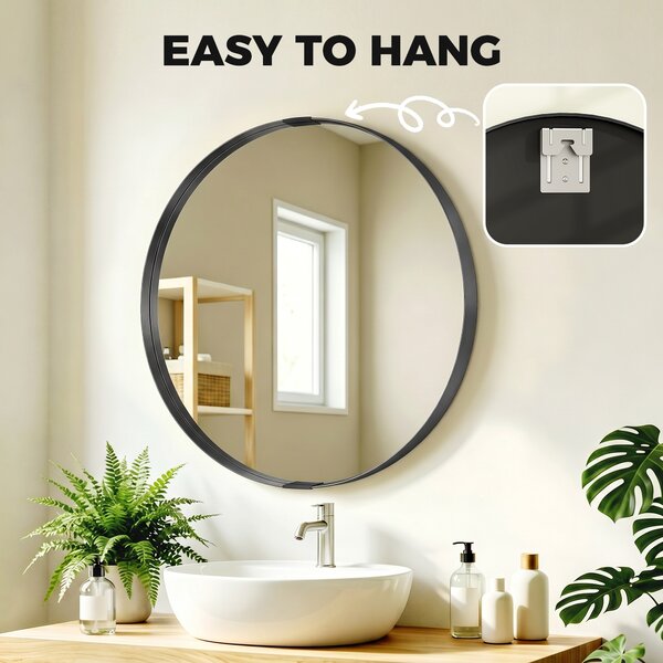 HOMCOM Round Wall Mirror 61 cm, Wall Mounted Bathroom Mirror with Tempered Safety Glass and Aluminium Alloy Frame, Black