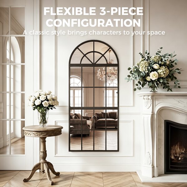 HOMCOM Large Arched Wall Mirror with Metal Grid, 3-Piece Split Window Mirrors, 120 x 54 cm, Black
