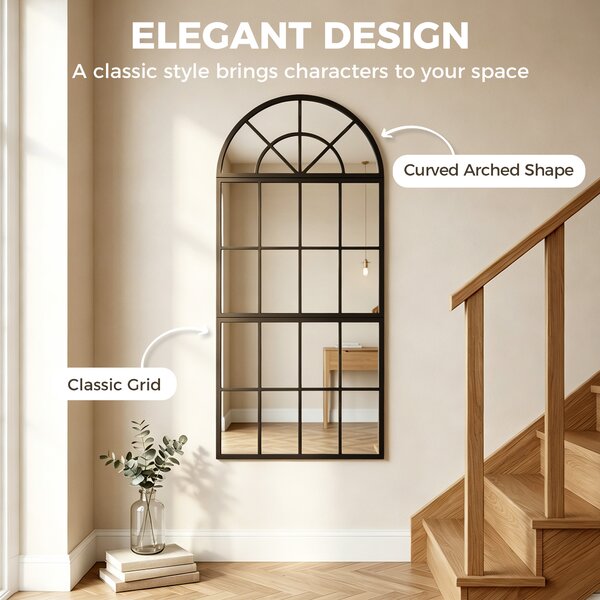 HOMCOM Large Arched Wall Mirror with Metal Grid, 3-Piece Split Window Mirrors, 120 x 54 cm, Black