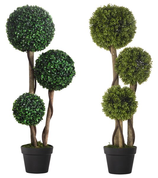 HOMCOM Decorative Artificial Plants Set of 2, Boxwood Ball Topiary Trees in Pot Fake Plants for Home Indoor Outdoor Decor, 90 cm, Dark Green