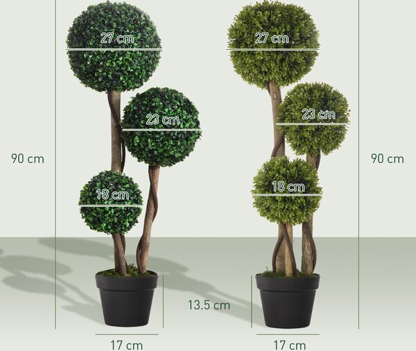 HOMCOM Decorative Artificial Plants Set of 2, Boxwood Ball Topiary Trees in Pot Fake Plants for Home Indoor Outdoor Decor, 90 cm, Dark Green