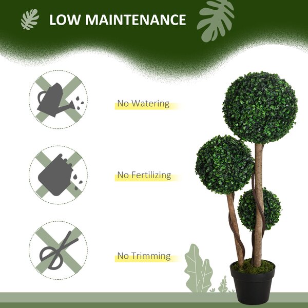 HOMCOM Decorative Artificial Plants Set of 2, Boxwood Ball Topiary Trees in Pot Fake Plants for Home Indoor Outdoor Decor, 90 cm, Dark Green