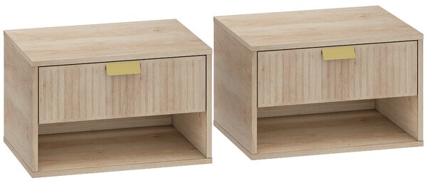 HOMCOM Set of 2 Wall Mounted Nightstands, Floating Bedside Tables with Fluted Drawer and Open Shelf for Small Bedroom, Oak