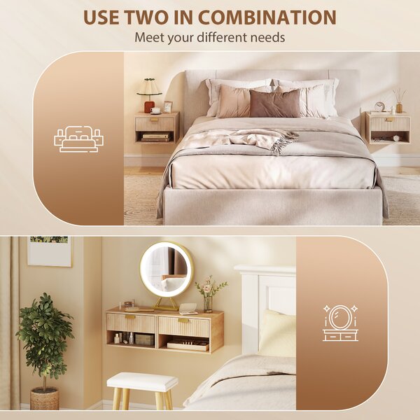 HOMCOM Set of 2 Wall Mounted Nightstands, Floating Bedside Tables with Fluted Drawer and Open Shelf for Small Bedroom, Oak