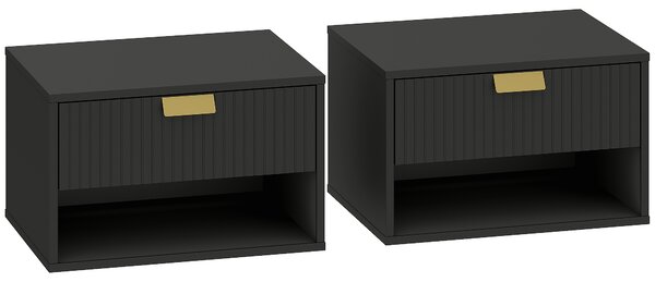 HOMCOM Set of 2 Wall Mounted Nightstands, Floating Bedside Tables with Fluted Drawer and Open Shelf for Small Bedroom, Black