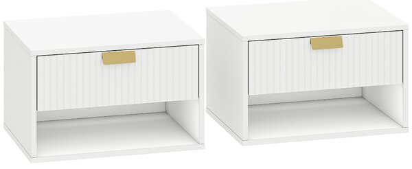 HOMCOM Set of 2 Wall Mounted Nightstands, Floating Bedside Tables with Fluted Drawer and Open Shelf for Small Bedroom, White