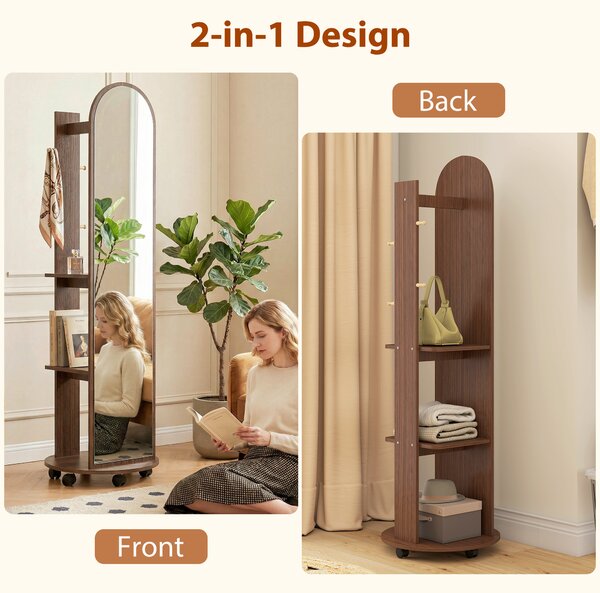 HOMCOM 2-in-1 Full Length Mirror with Storage Shelves, Floor Mirror with 4 Wheels, Coat Rack, Hooks, Brown Wood Effect