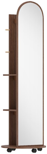 HOMCOM 2-in-1 Full Length Mirror with Storage Shelves, Floor Mirror with 4 Wheels, Coat Rack, Hooks, Brown Wood Effect