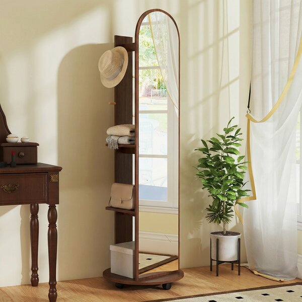 HOMCOM 2-in-1 Full Length Mirror with Storage Shelves, Floor Mirror with 4 Wheels, Coat Rack, Hooks, Brown Wood Effect