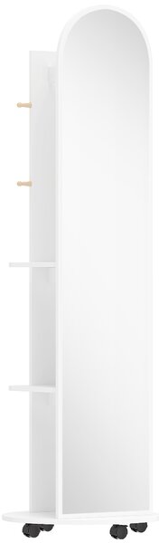 HOMCOM 2-in-1 Full Length Mirror with Storage Shelves, Floor Mirror with 4 Wheels, Coat Rack, Hooks, White