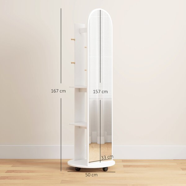 HOMCOM 2-in-1 Full Length Mirror with Storage Shelves, Floor Mirror with 4 Wheels, Coat Rack, Hooks, White