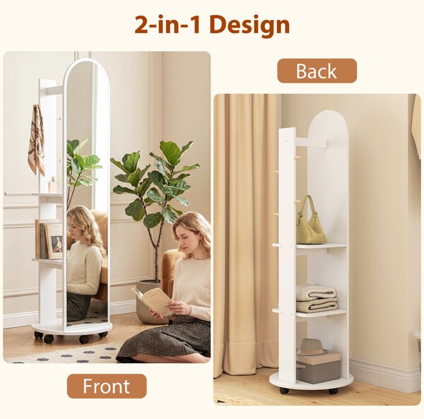 HOMCOM 2-in-1 Full Length Mirror with Storage Shelves, Floor Mirror with 4 Wheels, Coat Rack, Hooks, White