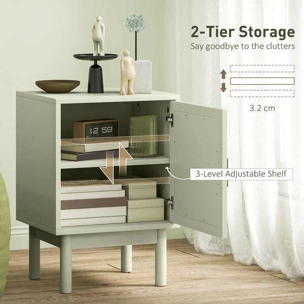 HOMCOM Set of 2 Rattan Bedside Tables, Boho Nightstands with Solid Wood Legs and Storage Cabinet for Living Room, Bedroom, Accent End Side Table, Light Green