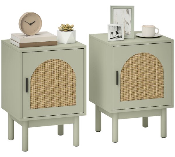 HOMCOM Set of 2 Rattan Bedside Tables, Boho Nightstands with Solid Wood Legs and Storage Cabinet for Living Room, Bedroom, Accent End Side Table, Light Green