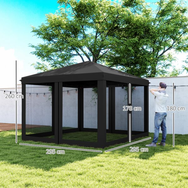 Outsunny 3 x 3 m Pop Up Gazebo, 420D Garden Tent Canopy with Removable Mesh Sidewall Netting, Carry Bag for Garden Patio Outdoor, Black