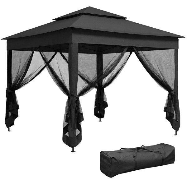 Outsunny 3 x 3(m) Pop Up Gazebo, Double-roof Garden Tent with Netting and Carry Bag, Party Event Shelter, Black