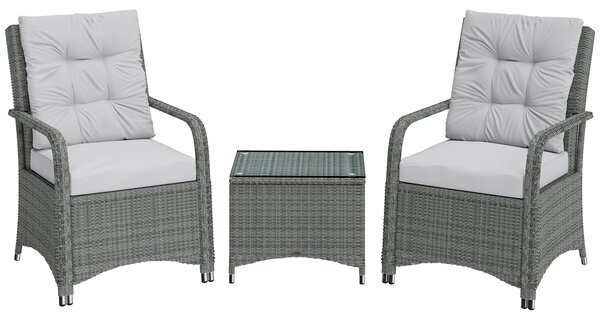 Outsunny 3 Pieces Rattan Bistro Set, Wicker Garden Furniture Set with Metal Frame, Cover, Glass Top Coffee Table, Light Grey