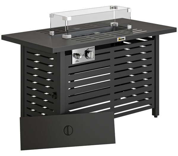 Outsunny Propane Gas Fire Pit Table, Outdoor Firepit with 43" Steel Tabletop and Lid, 50,000 BTU Pulse Ignition Fire Table w/ Stainless Steel Burner, Glass Wind Guard, and Cover